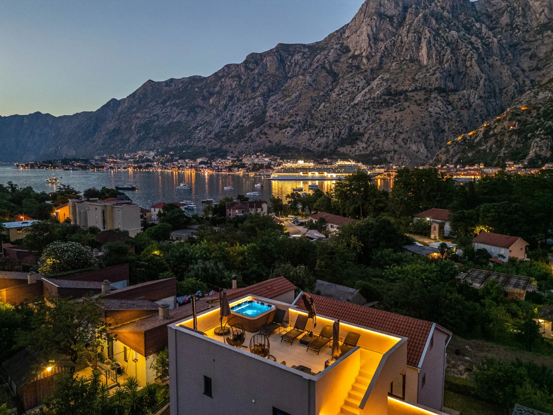 Rooftop hot tub overlooking the Bay of Kotor at Marea DeLux Apartments